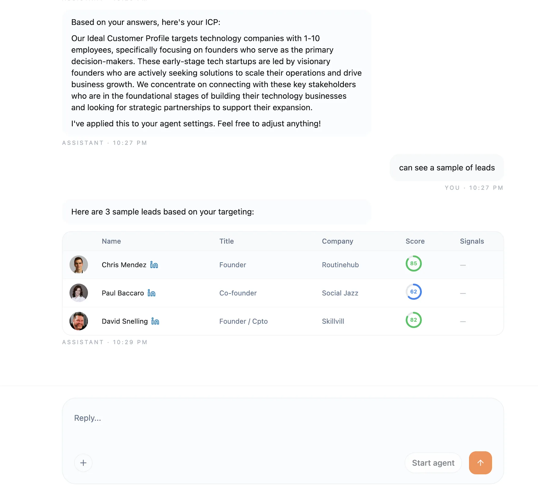 Assistant drafting outreach and showing sample leads