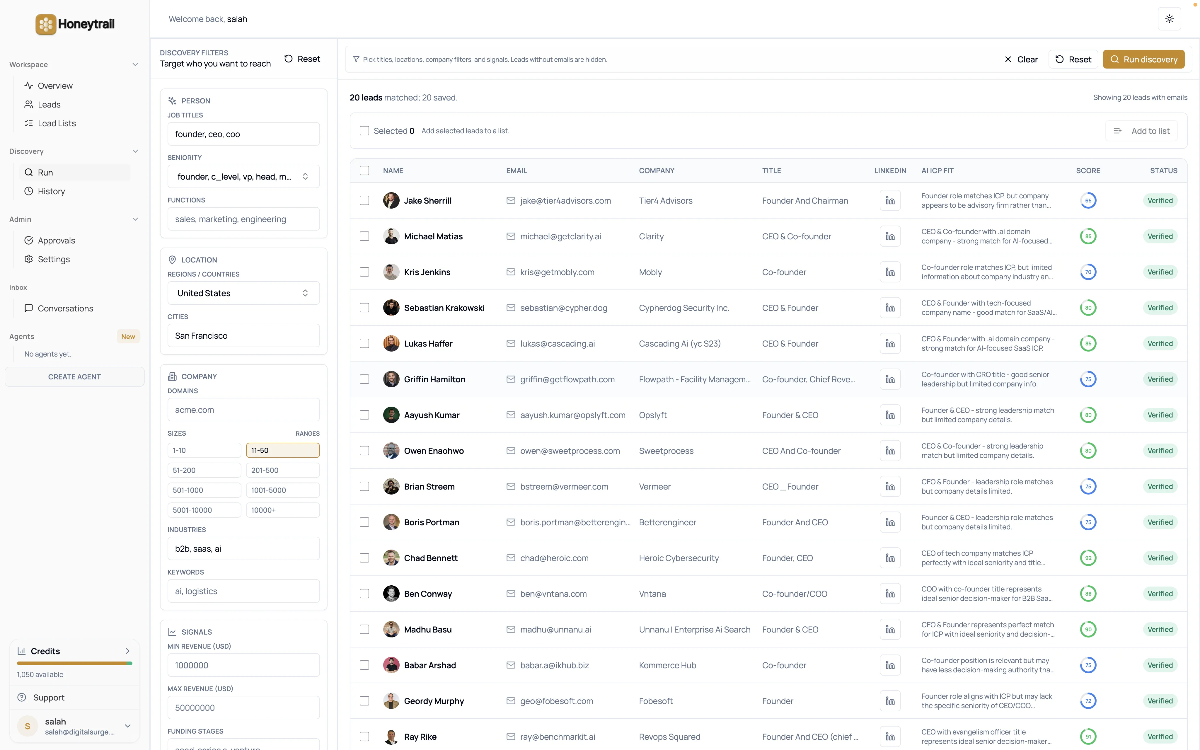 Discovery filters and lead table