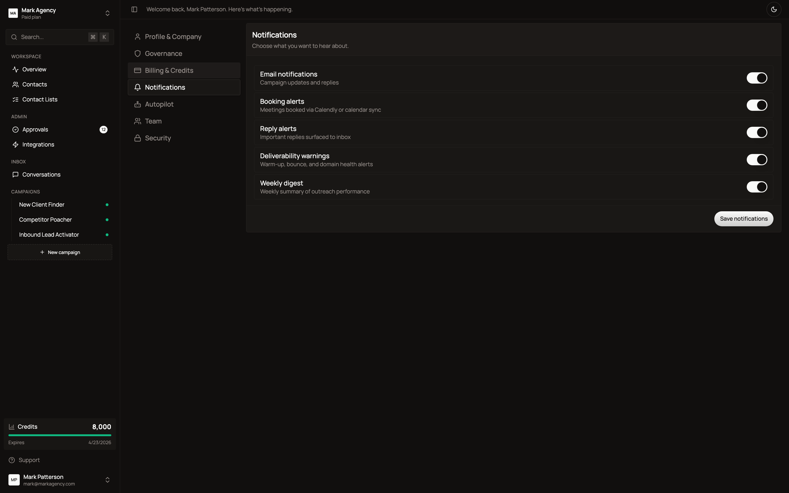 Notifications settings