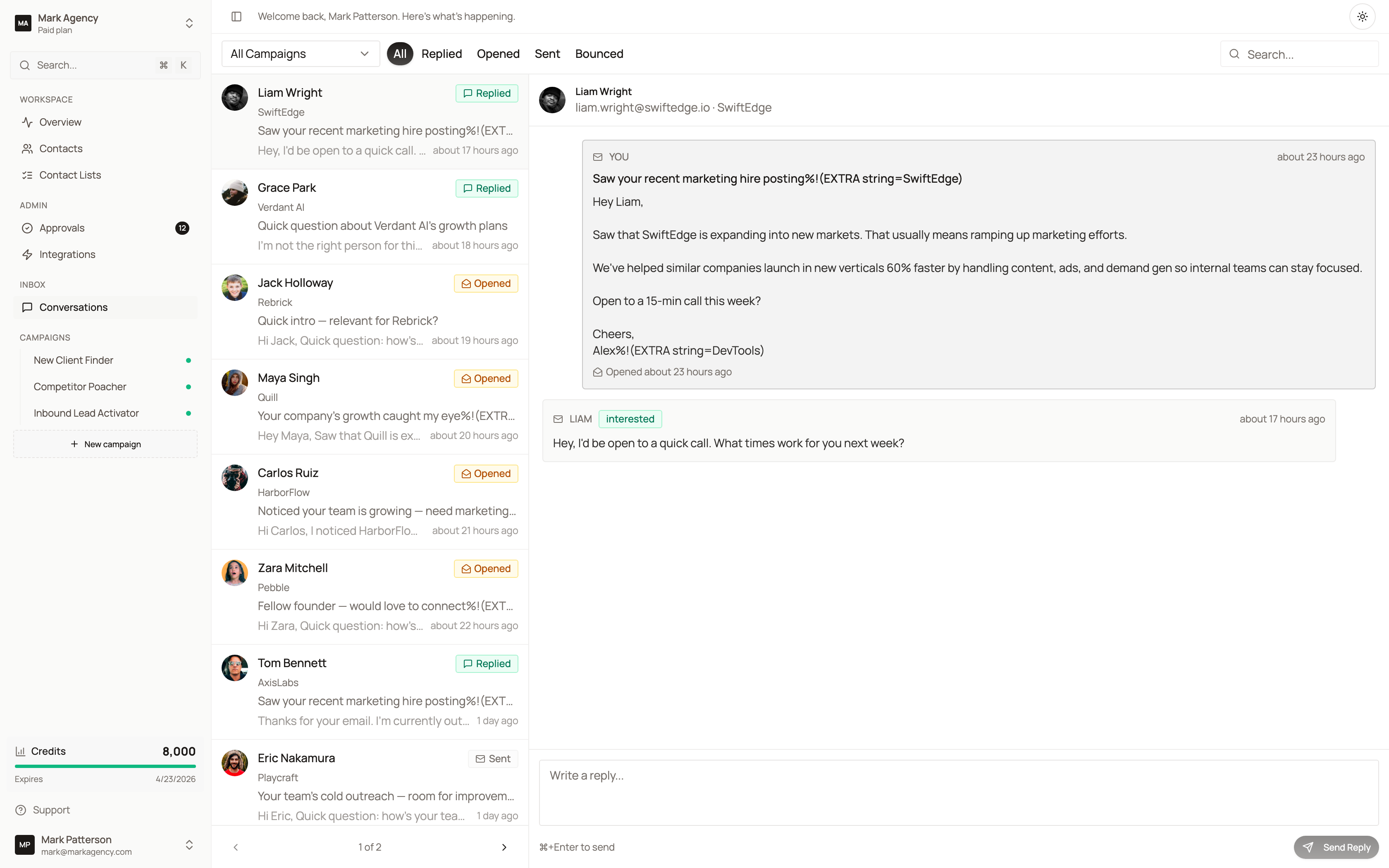 Unified inbox with email and LinkedIn conversations