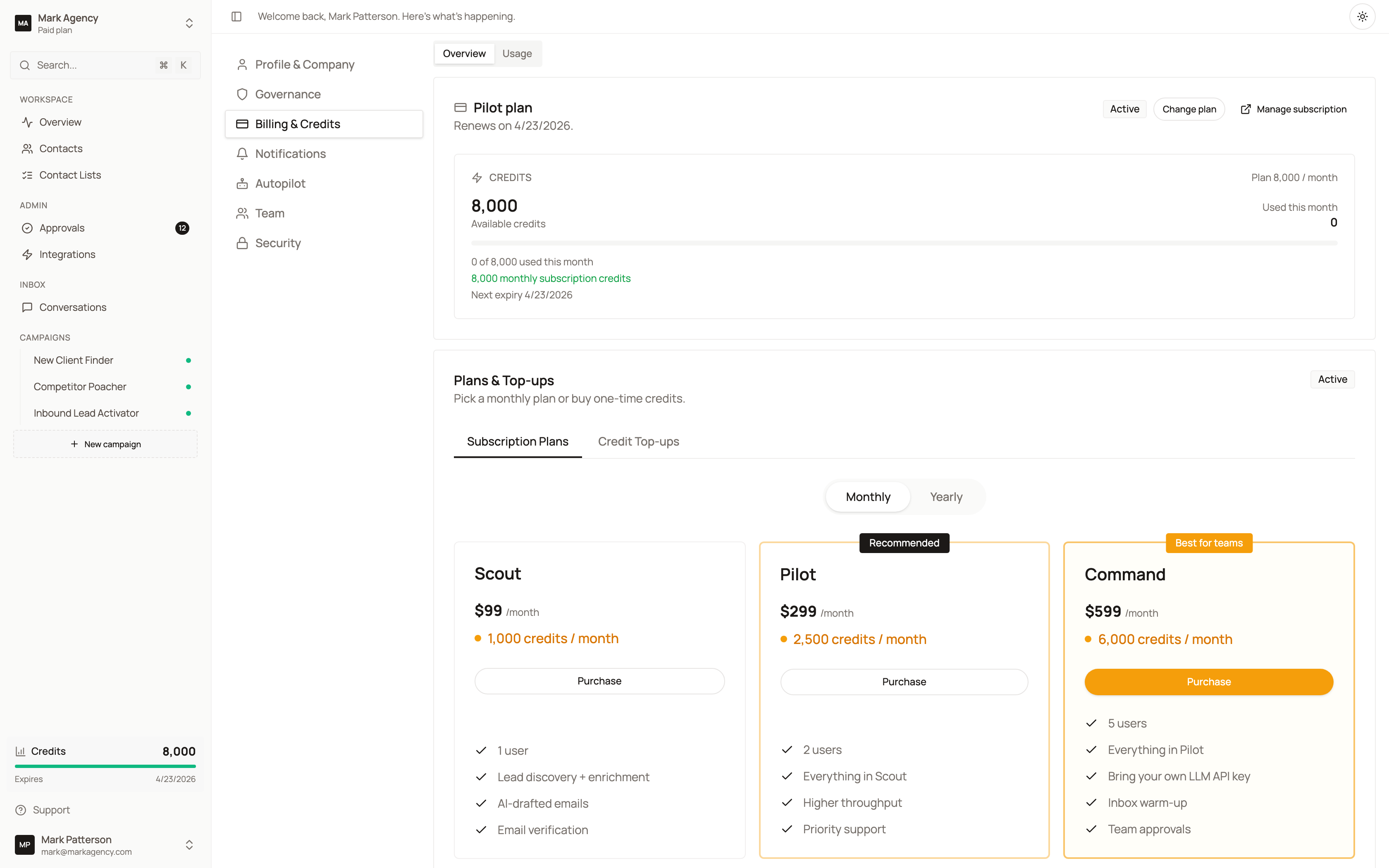 Credit usage and billing dashboard
