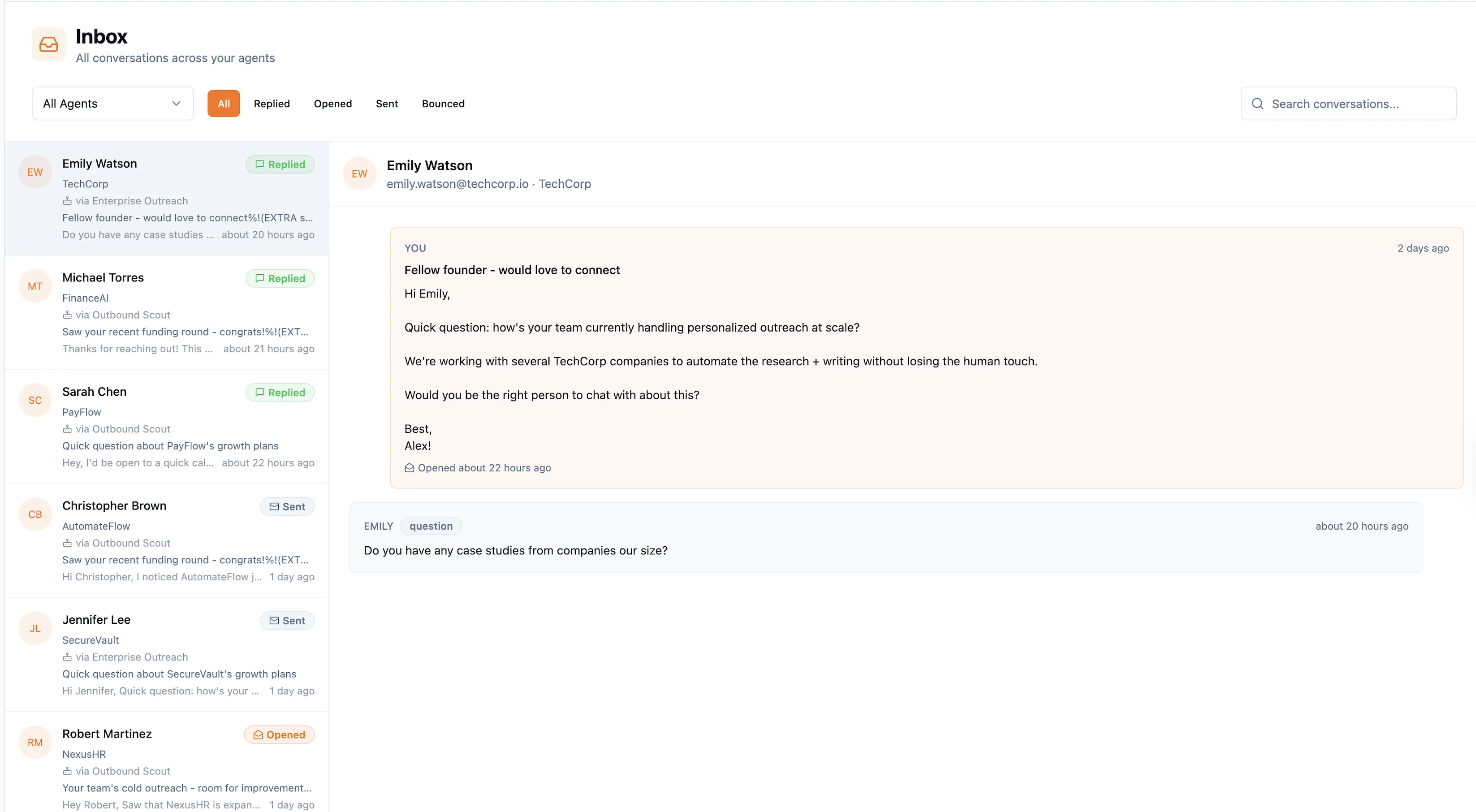 Inbox view showing synced conversations